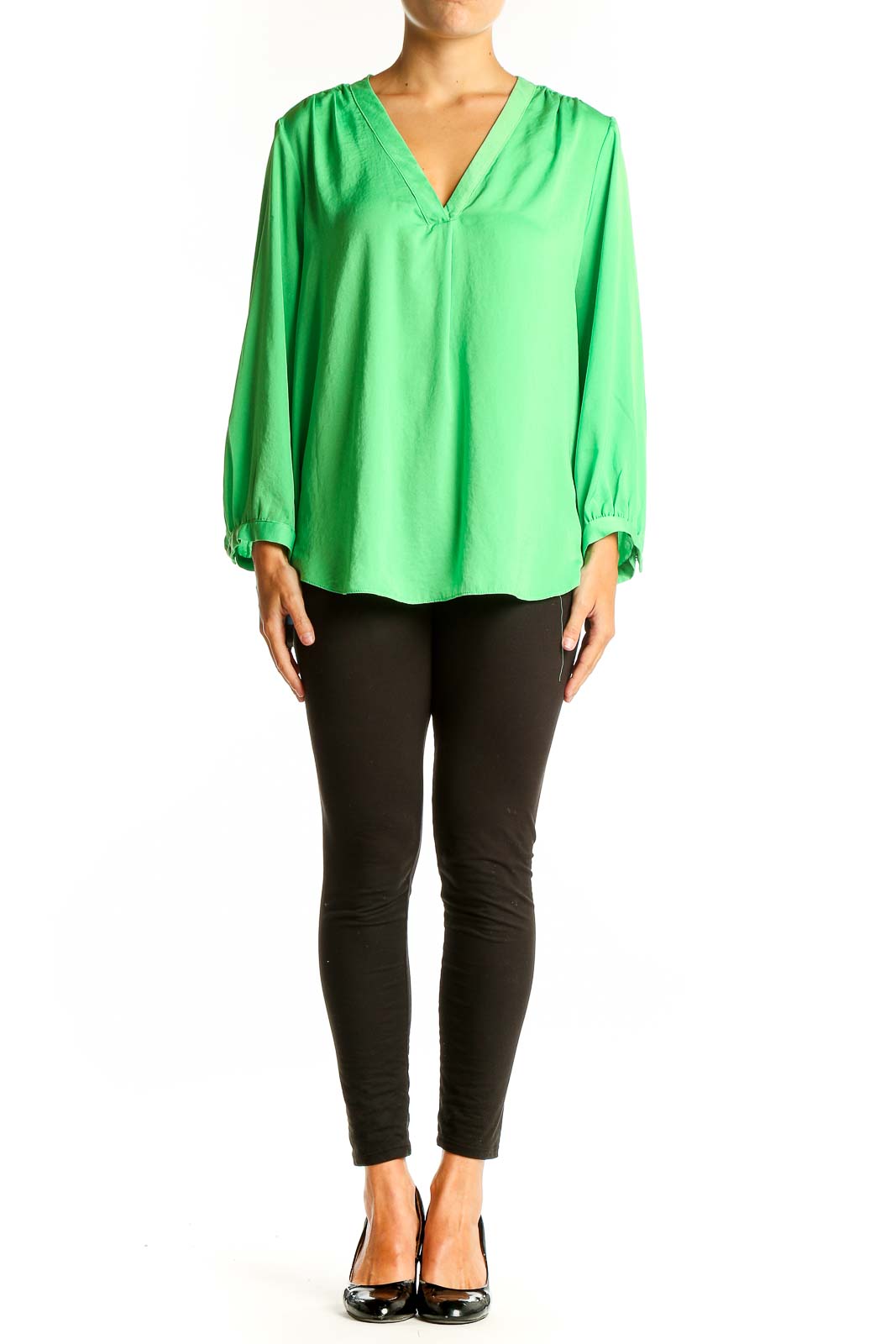 Front view of Vince Camuto green V-neck polyester blouse