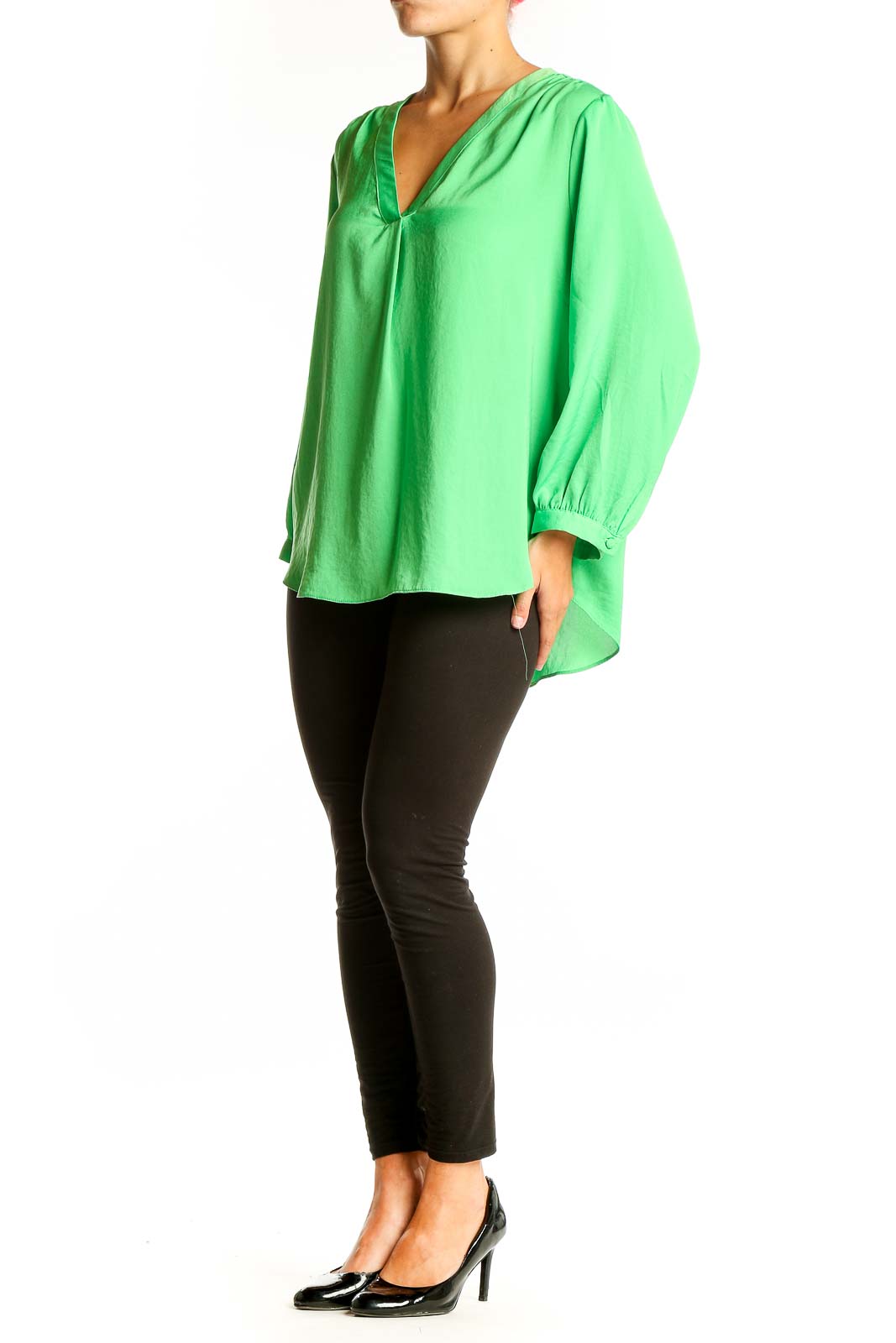 Front view of Vince Camuto green V-neck polyester blouse