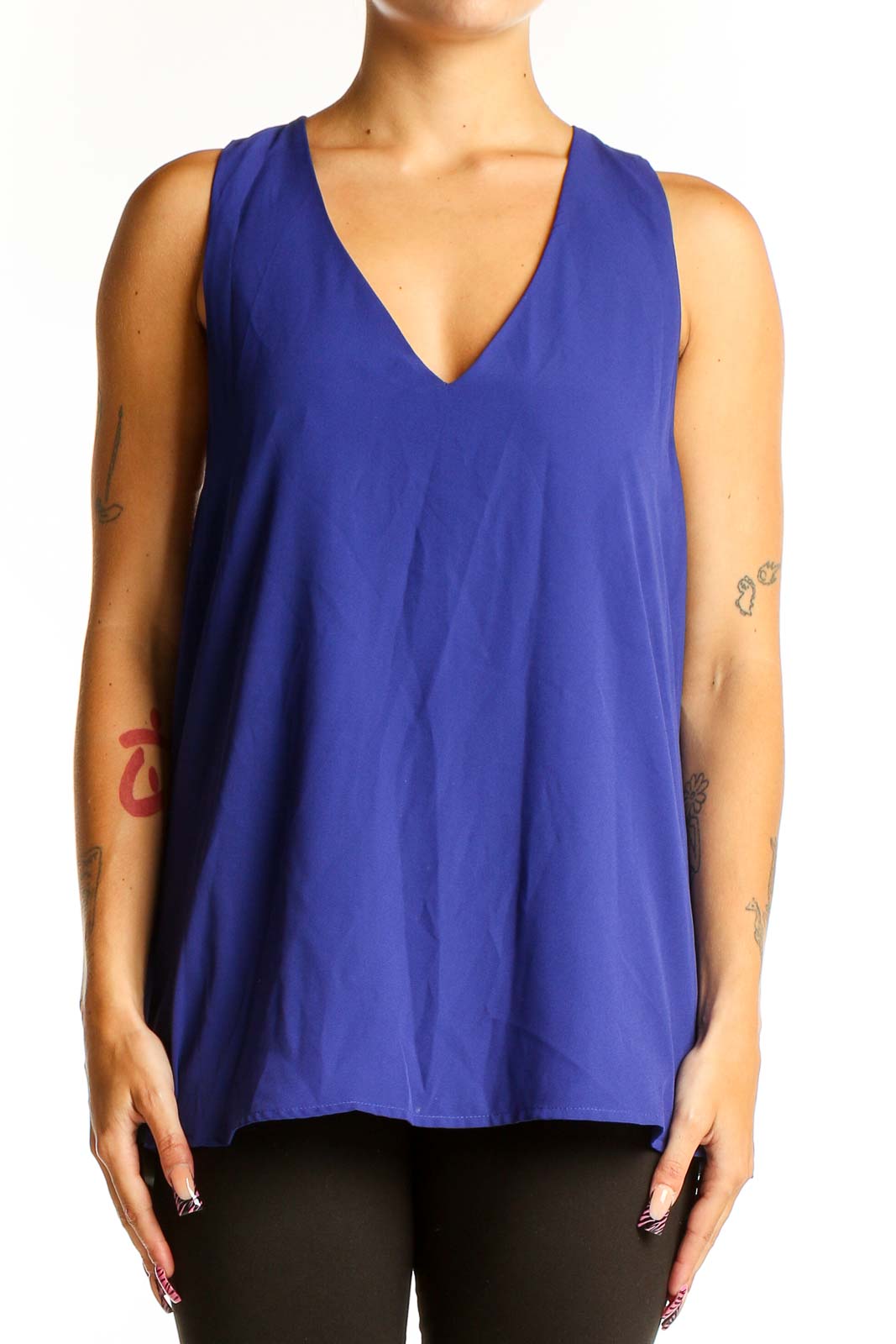 Front view of royal blue V-neck sleeveless blouse from Banana Republic