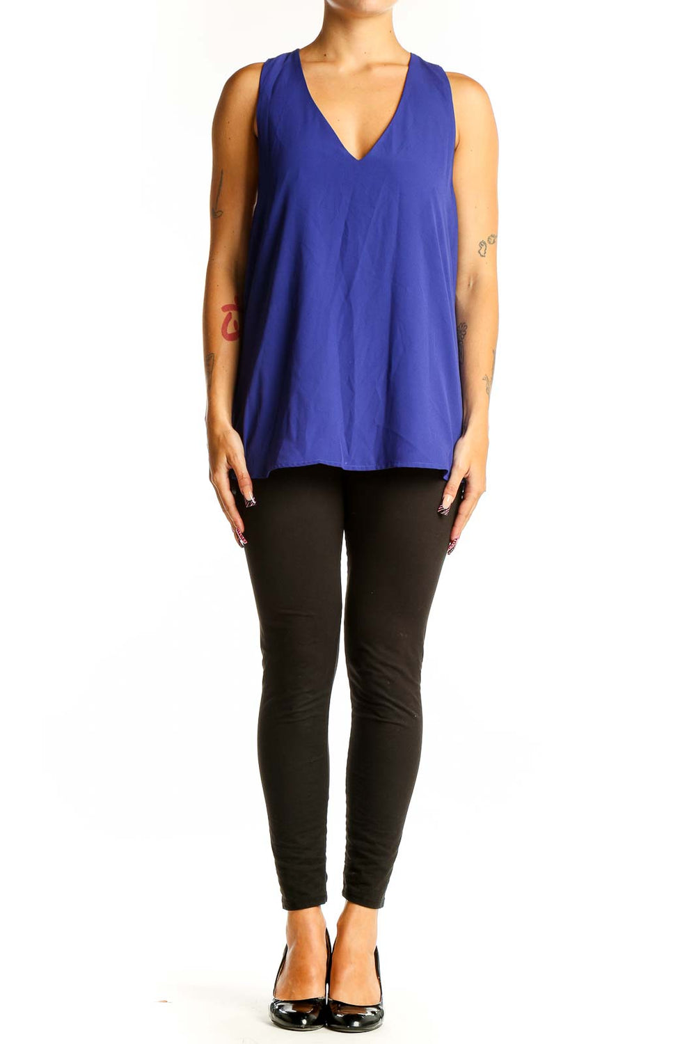 Front view of royal blue V-neck sleeveless blouse from Banana Republic