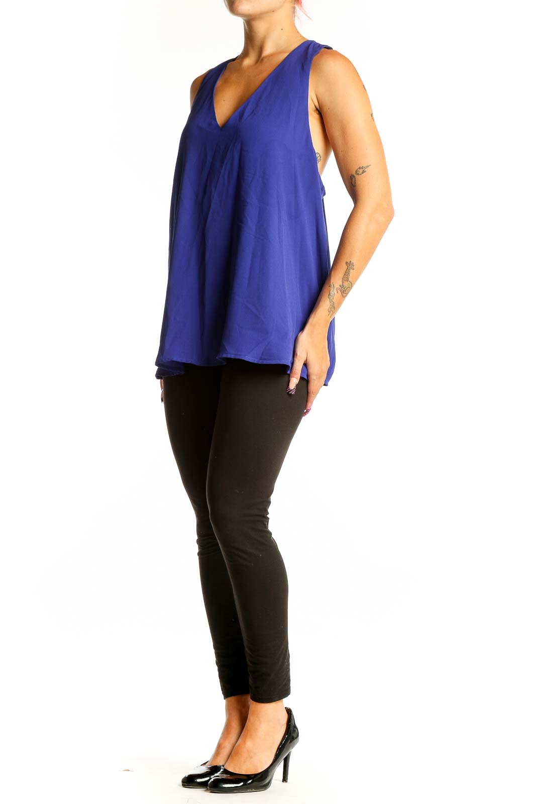 Front view of royal blue V-neck sleeveless blouse from Banana Republic