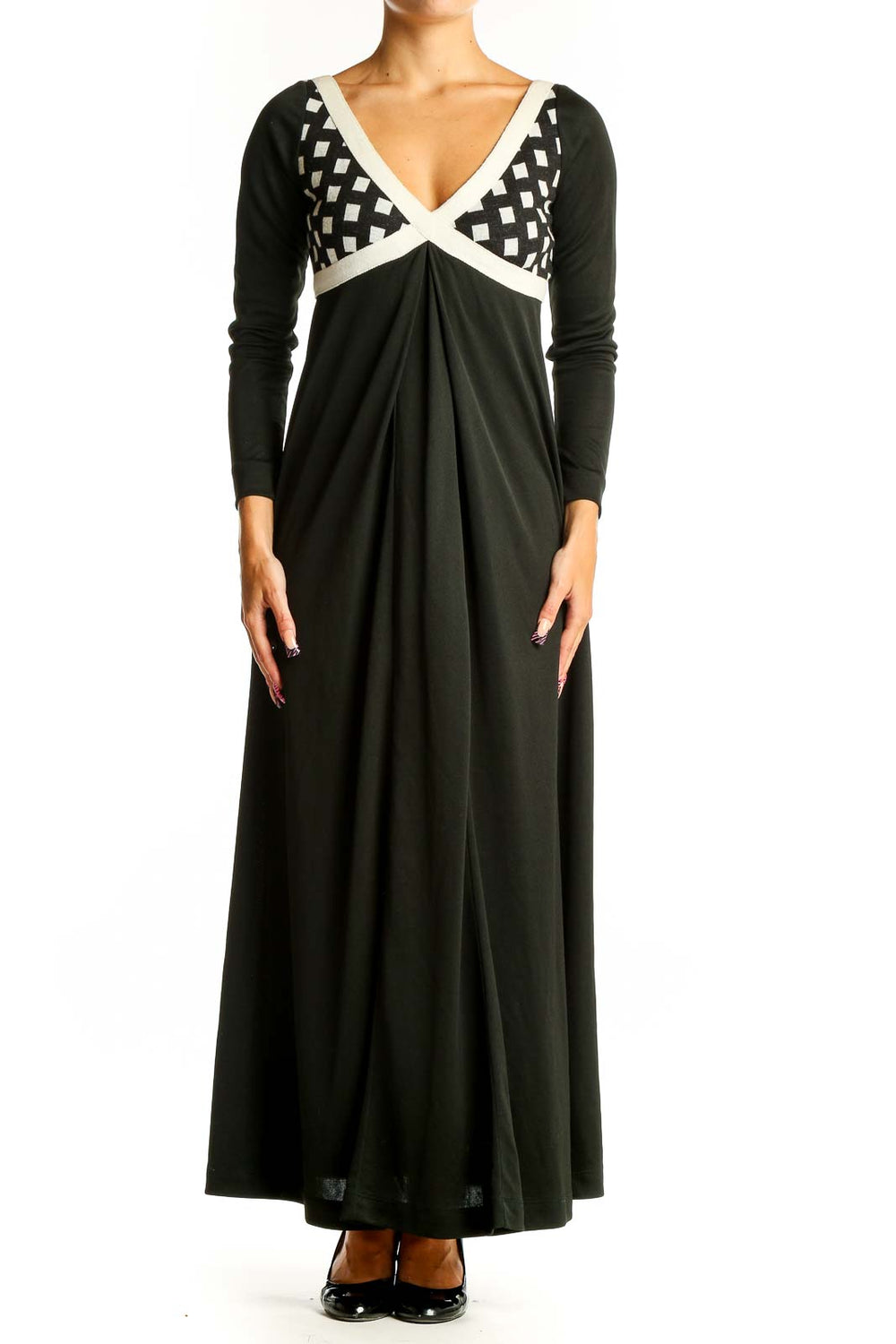 Front view of I.MAGNIN black maxi dress with geometric print bodice and white trim