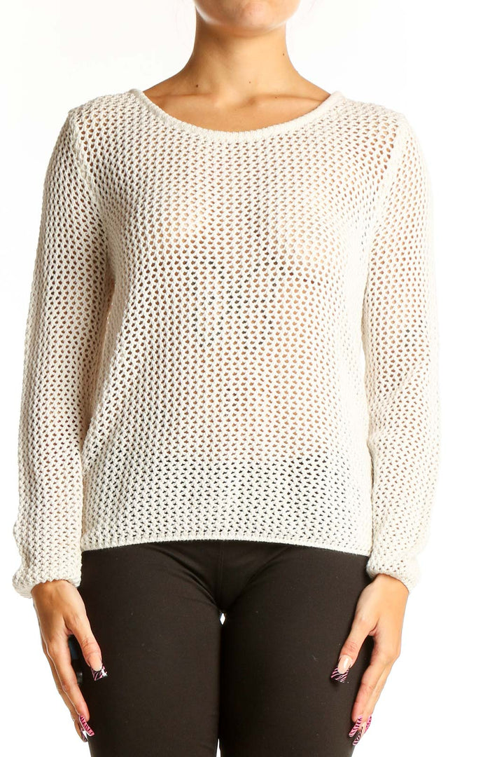 Front view of white open-knit Element sweater on model