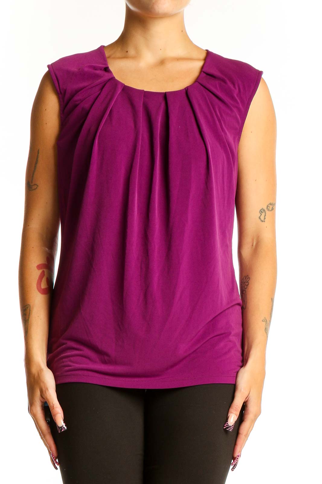 Front view of purple sleeveless blouse with pleated neckline