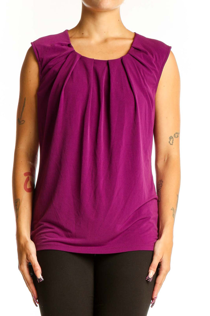 Front view of purple sleeveless blouse with pleated neckline