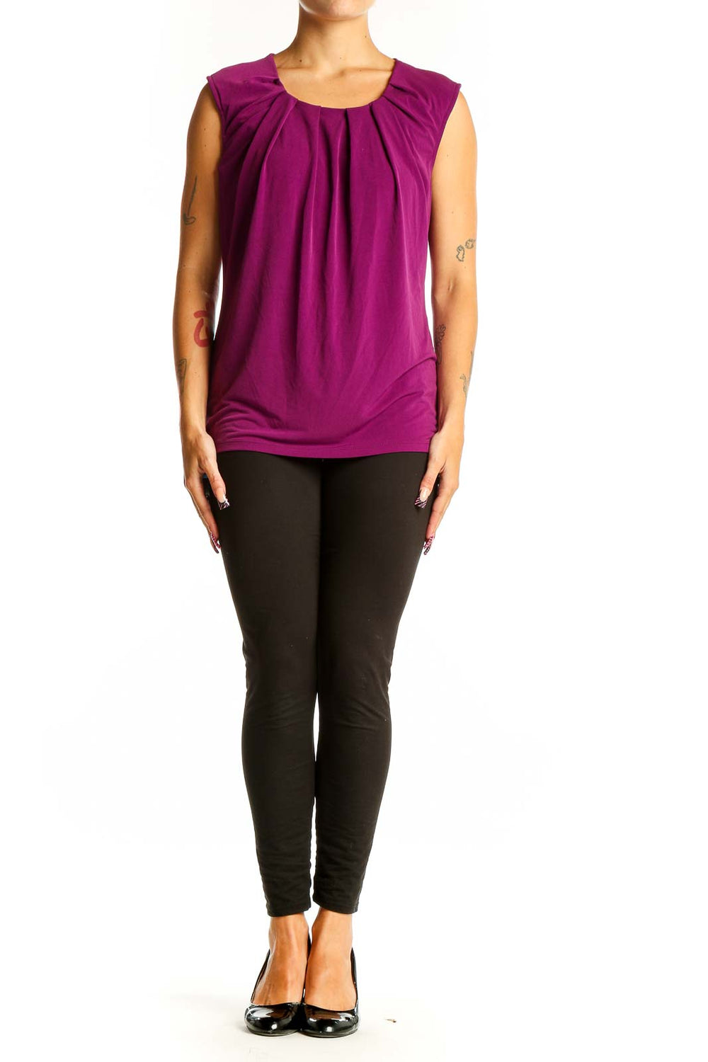 Front view of purple sleeveless blouse with pleated neckline
