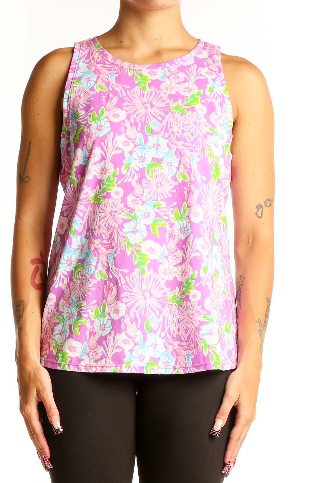 Front view of Lilly Pulitzer pink floral sleeveless blouse
