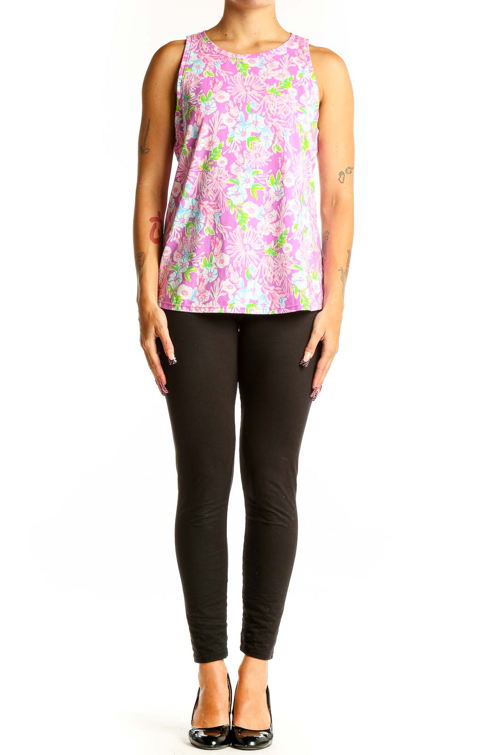 Front view of Lilly Pulitzer pink floral sleeveless blouse