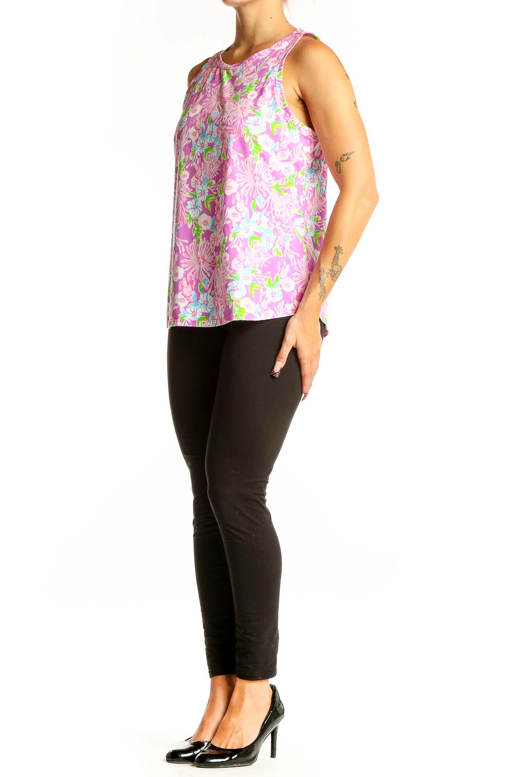 Front view of Lilly Pulitzer pink floral sleeveless blouse