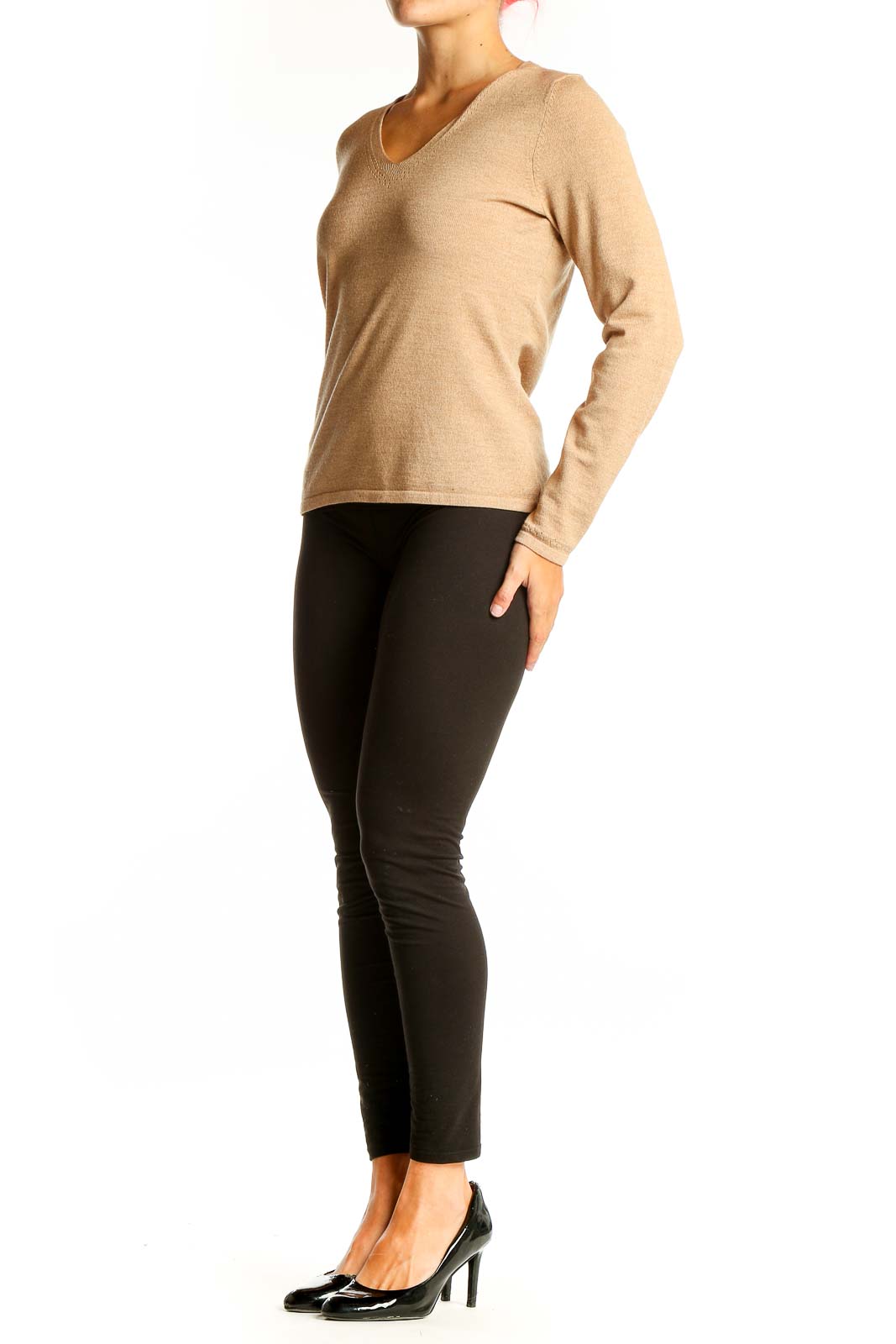 Front view of Ann Taylor beige V-neck long sleeve knit top