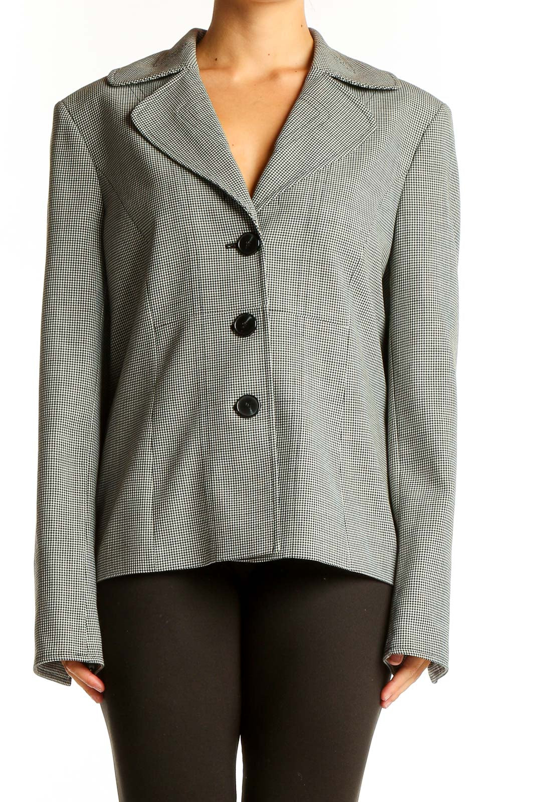 Front view of gray houndstooth wool blend blazer by Jones New York