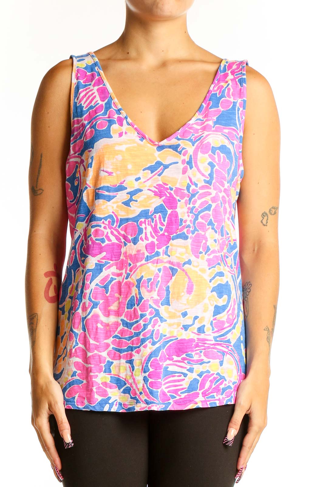 Front view of Lilly Pulitzer floral print cotton tank top in pink, blue, and yellow