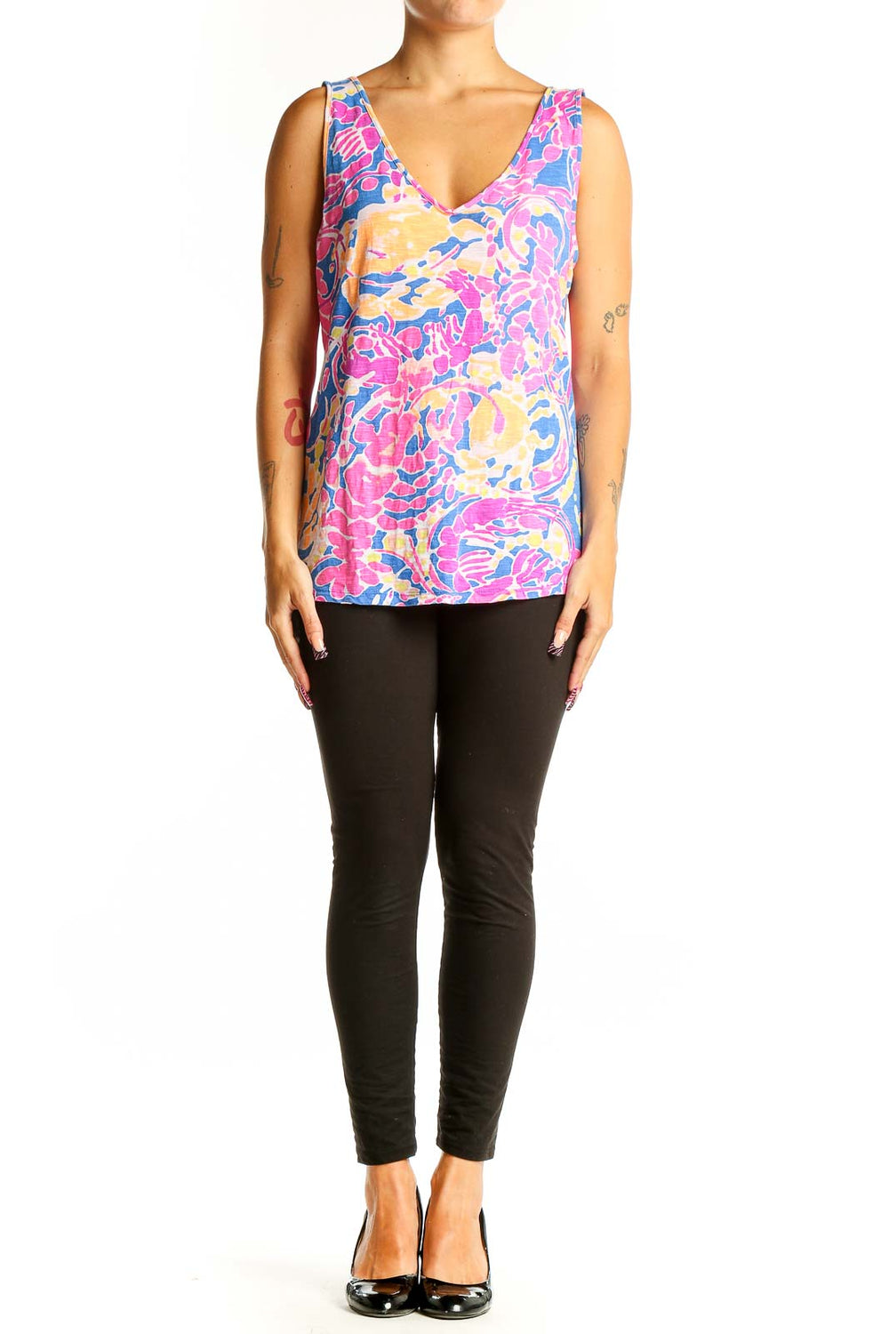 Front view of Lilly Pulitzer floral print cotton tank top in pink, blue, and yellow