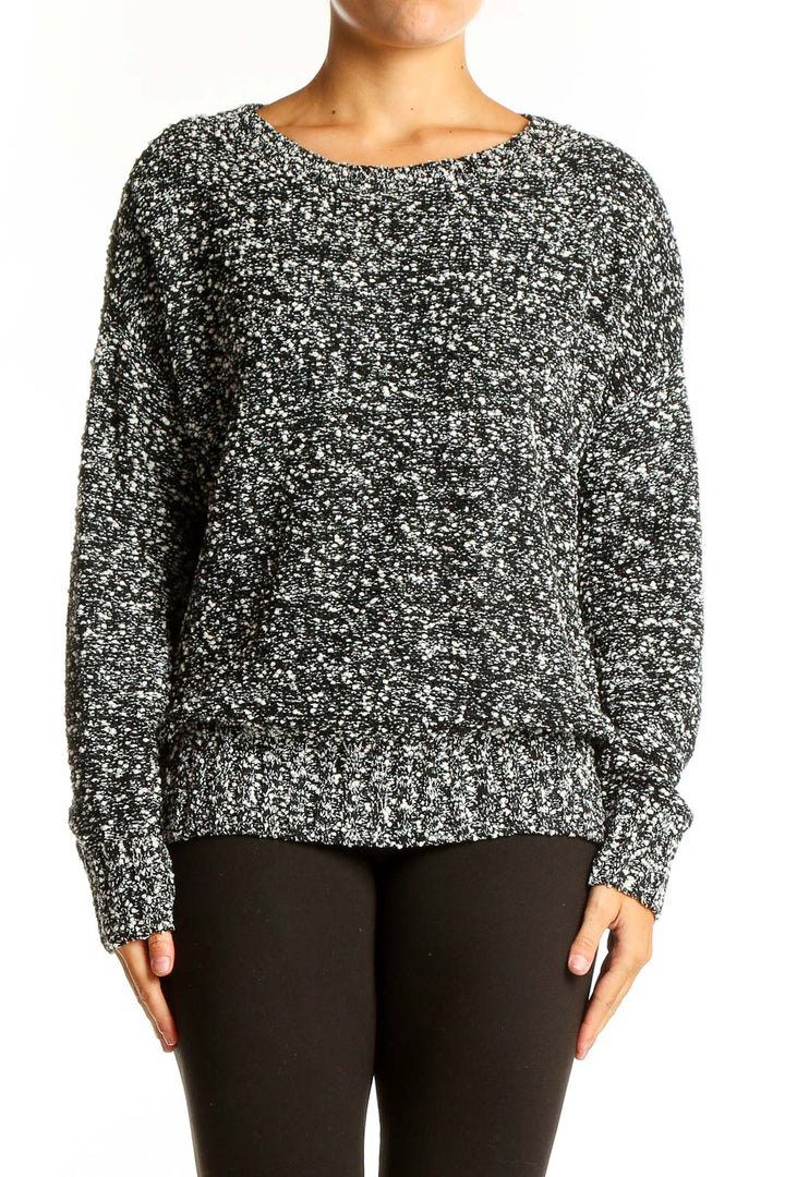 Front view of Charter Club black and white marled knit sweater with relaxed fit