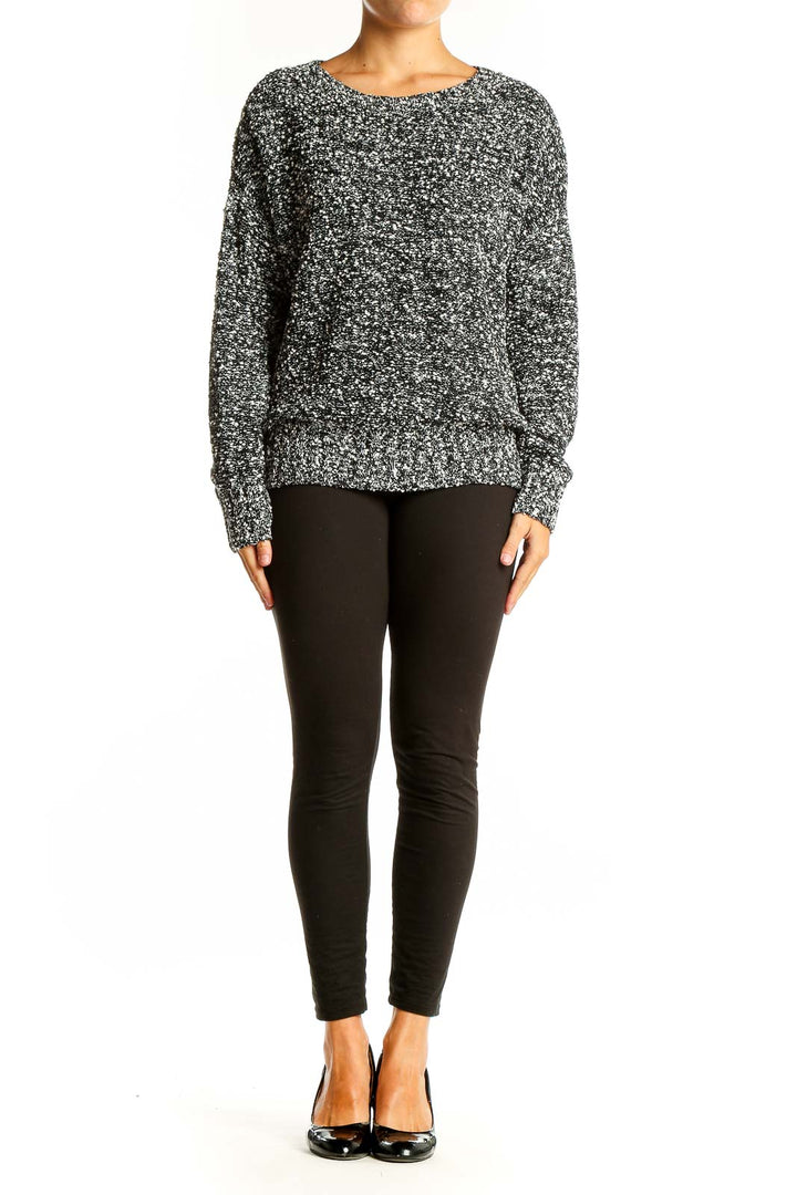 Front view of Charter Club black and white marled knit sweater with relaxed fit