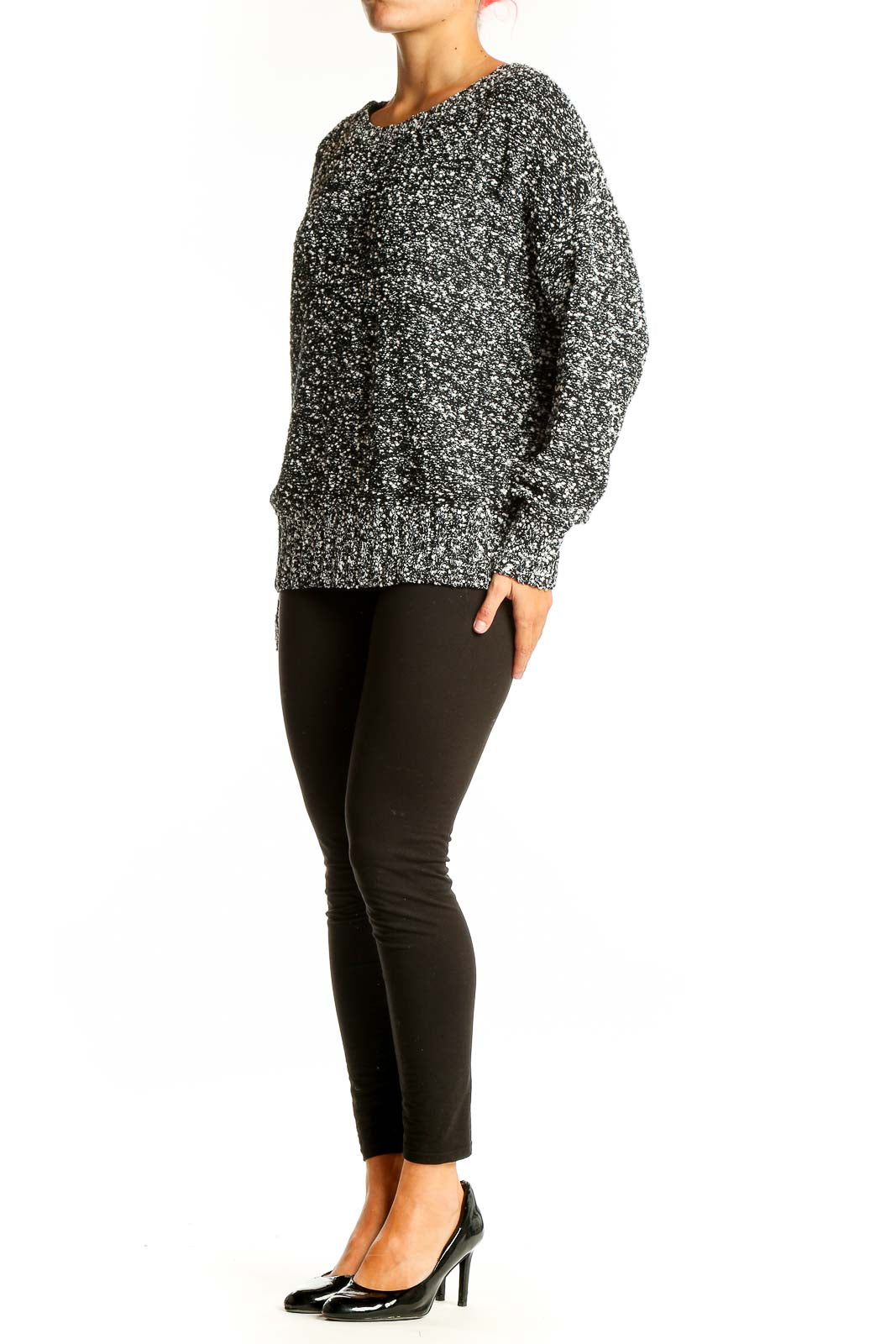 Front view of Charter Club black and white marled knit sweater with relaxed fit