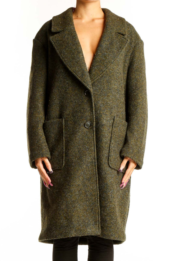 Front view of olive Banana Republic wool blend oversized coat