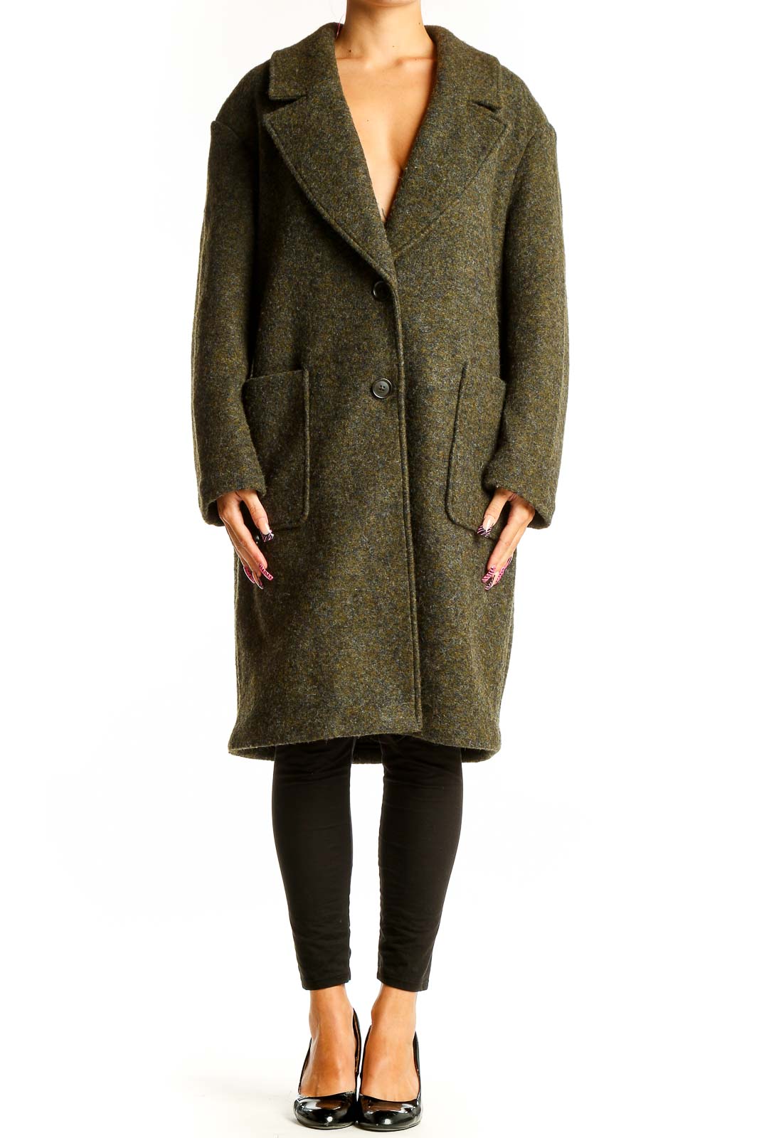 Front view of olive Banana Republic wool blend oversized coat