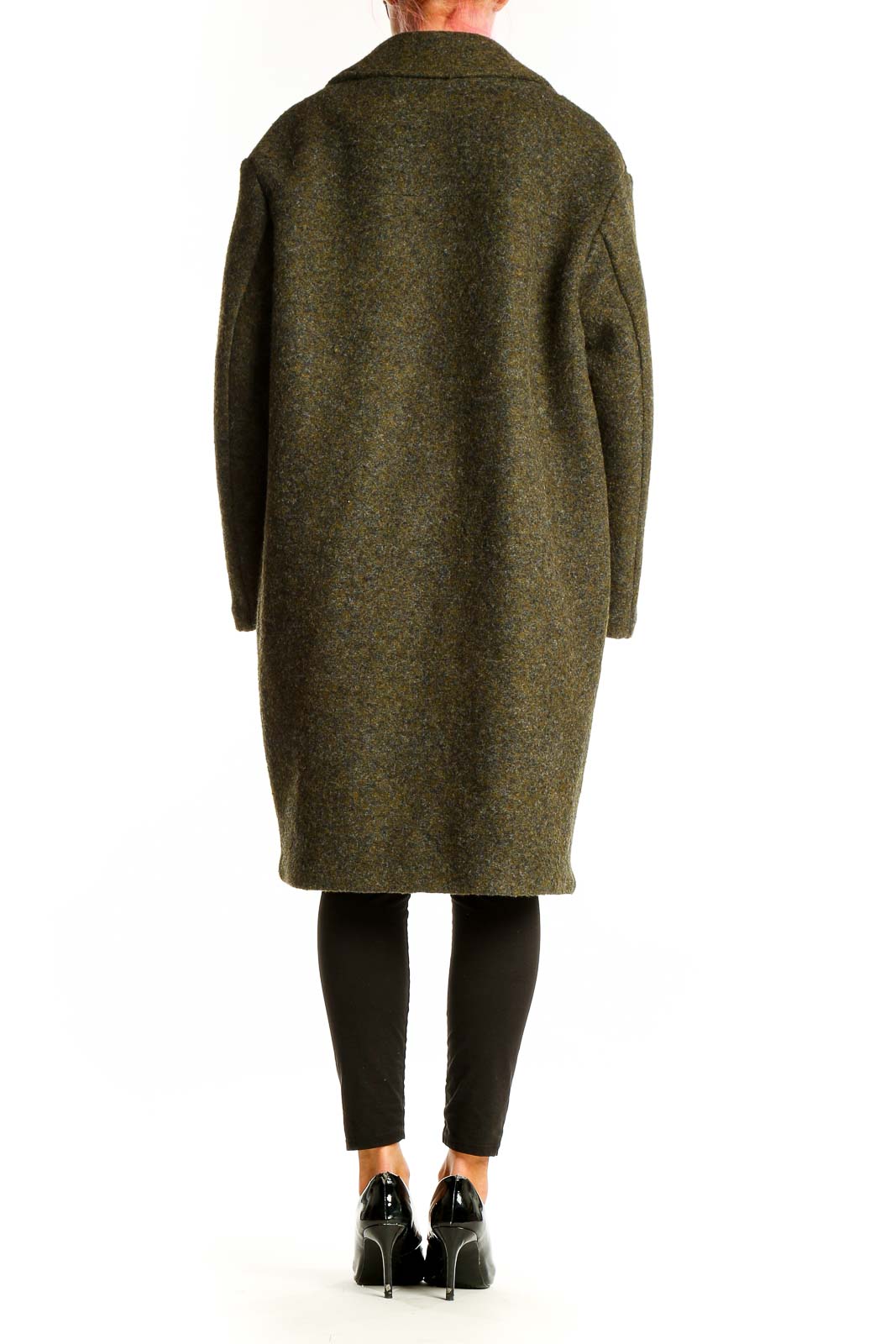 Side view of olive Banana Republic wool blend oversized coat on model