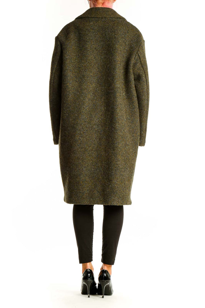 Side view of olive Banana Republic wool blend oversized coat on model