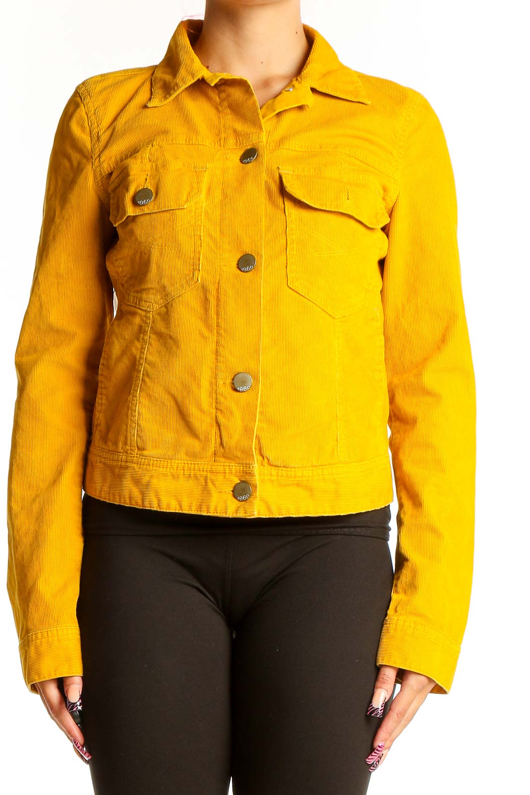 Front view of yellow Gap cropped jacket with button closure and pockets