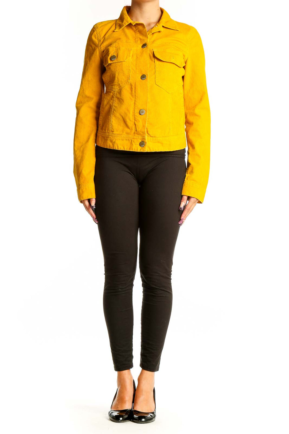 Front view of yellow Gap cropped jacket with button closure and pockets