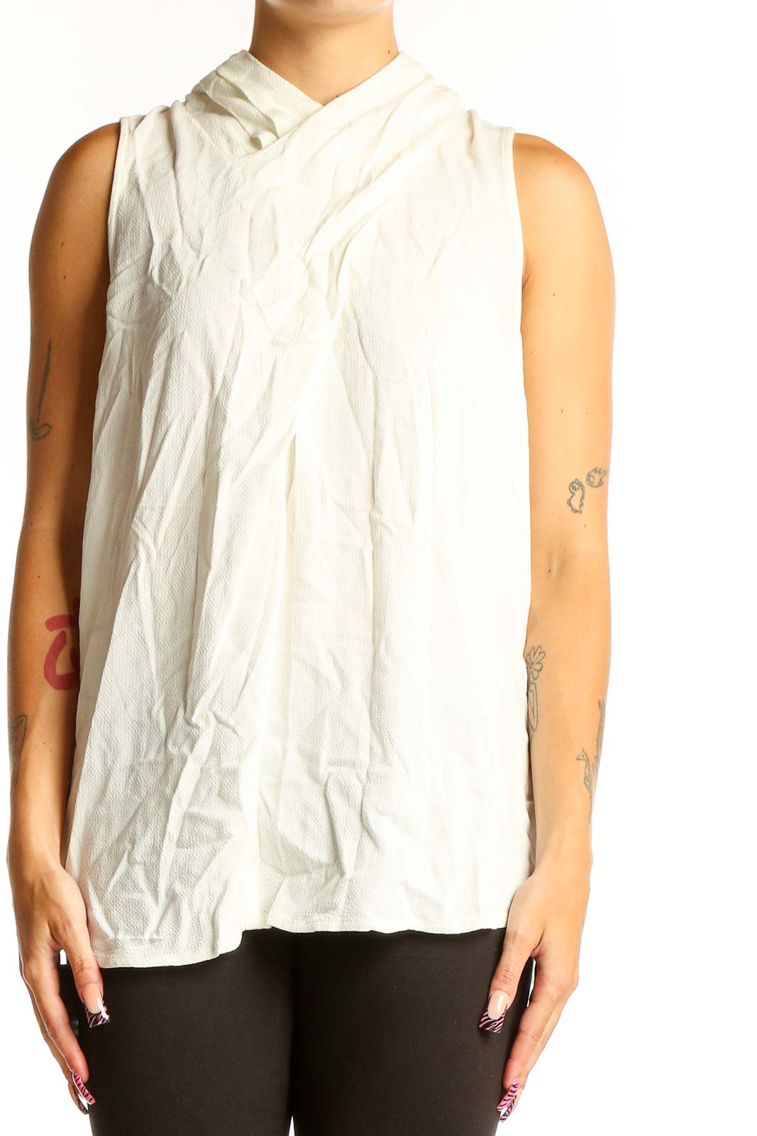 Front view of white sleeveless Maeve top with draped neckline