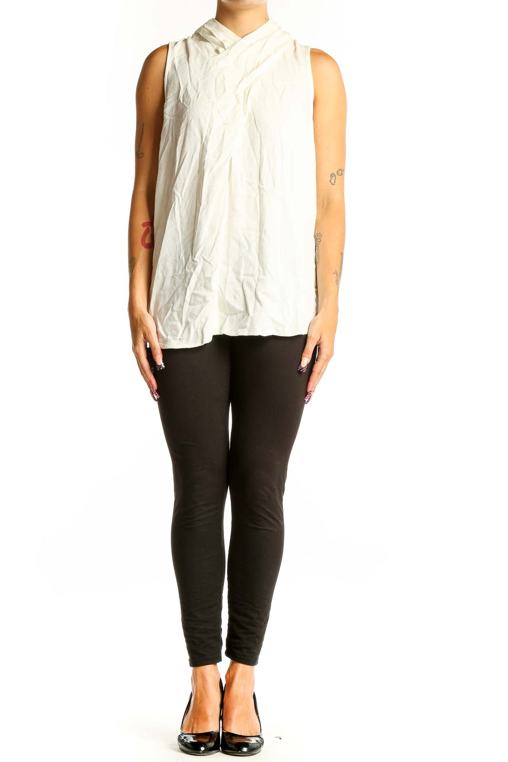 Front view of white sleeveless Maeve top with draped neckline