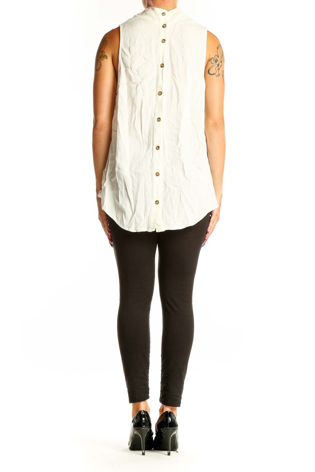 Side view of white sleeveless Maeve top showing relaxed fit