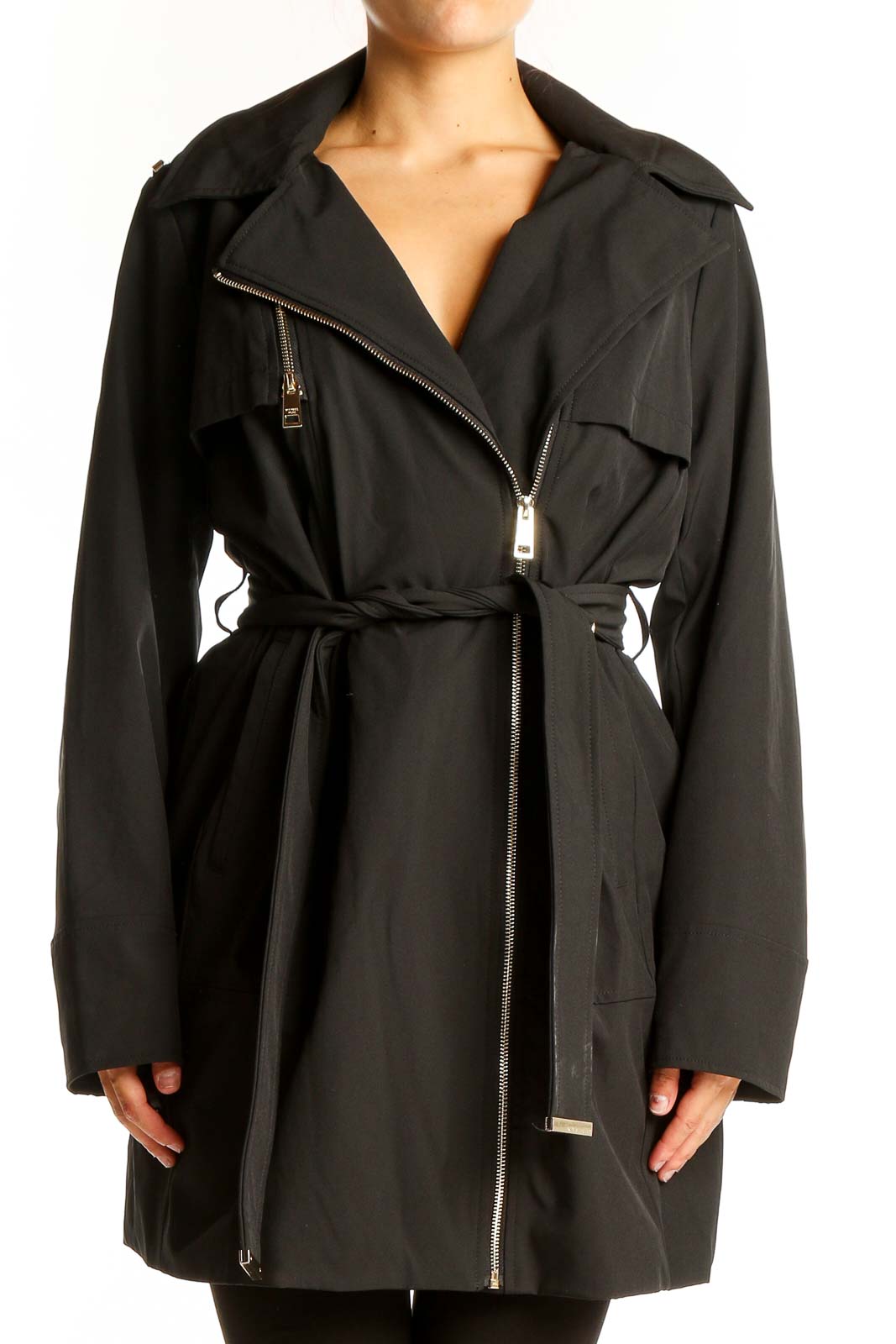 Front view of MICHAEL Michael Kors black trench coat with belted waist