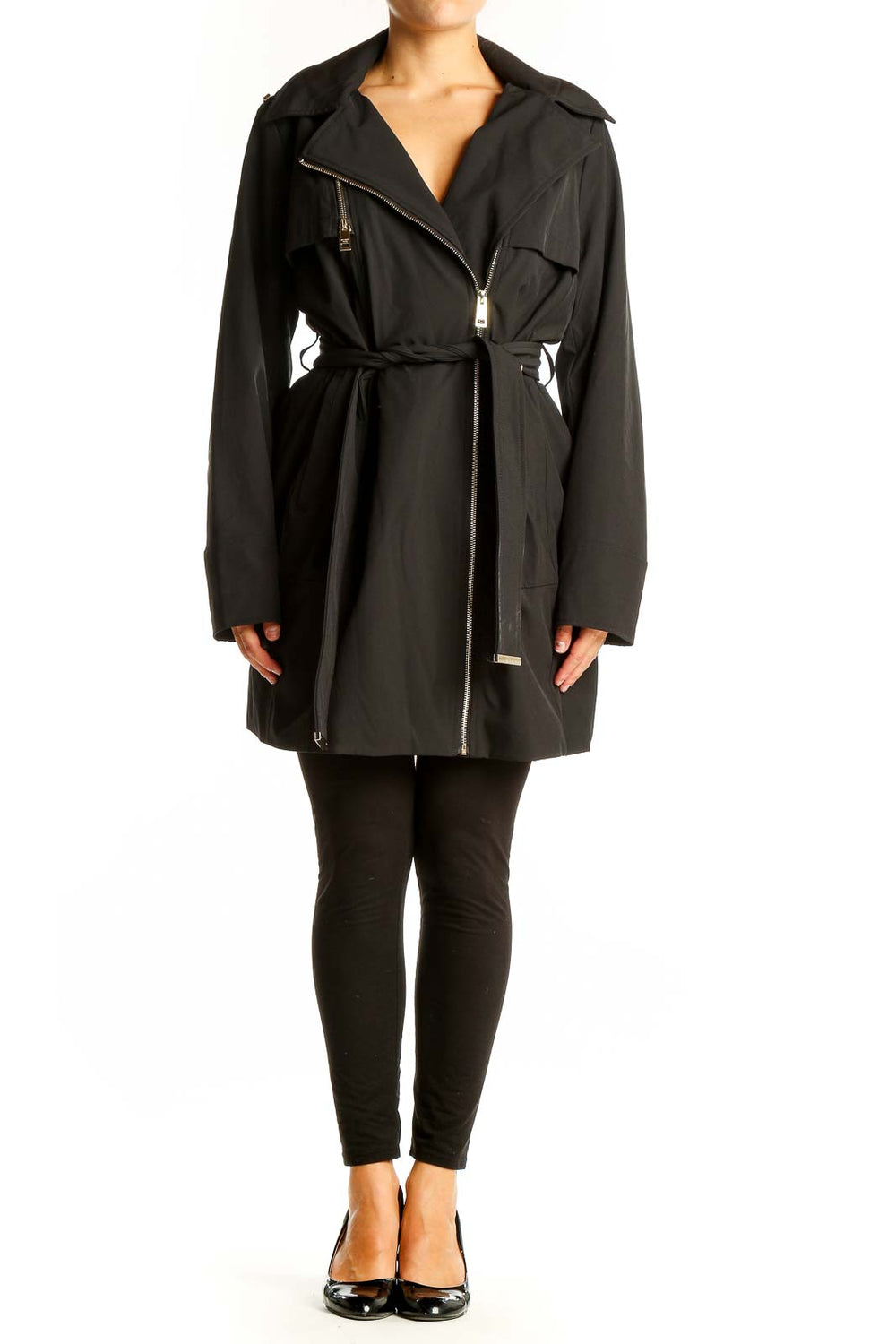 Front view of MICHAEL Michael Kors black trench coat with belted waist