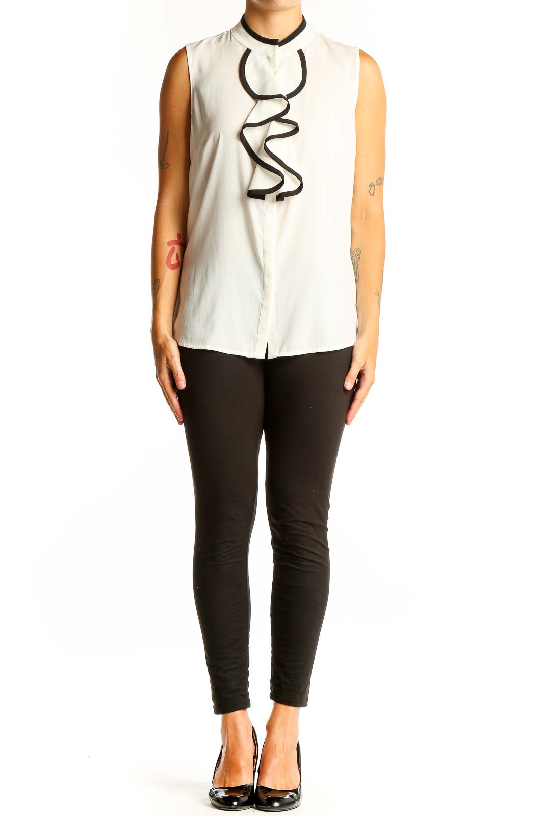 Front view of Calvin Klein white sleeveless blouse with black ruffle detail