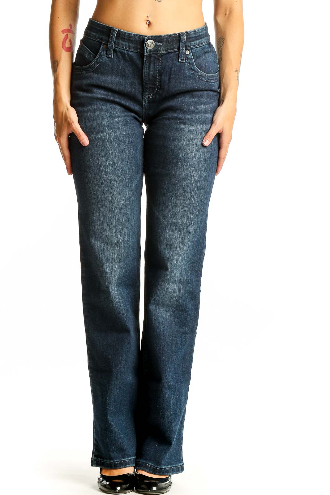 Front view of Wrangler dark blue bootcut jeans on model