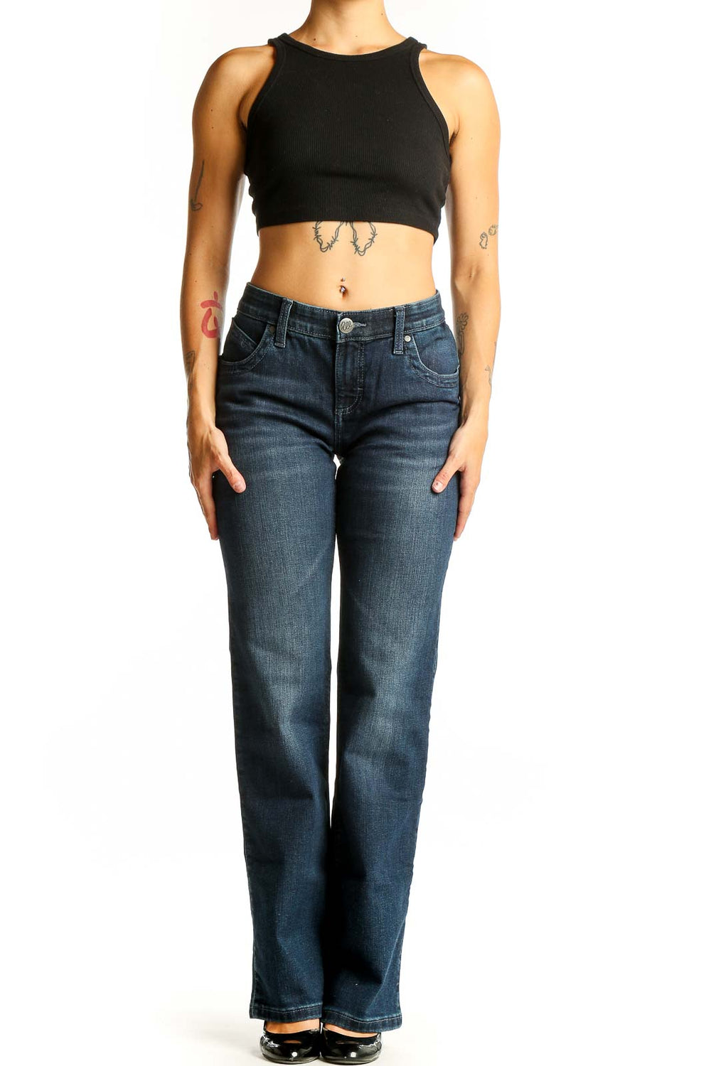Front view of Wrangler dark blue bootcut jeans on model