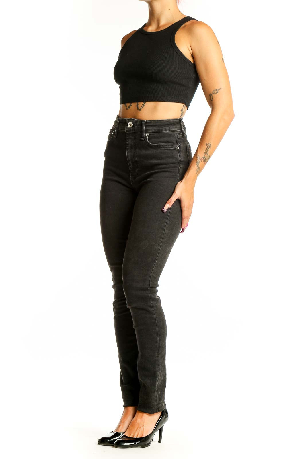 Front view of Rag & Bone black high-waisted skinny jeans