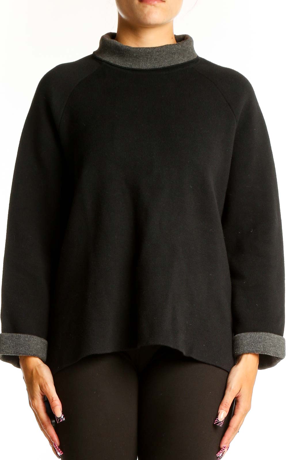 Front view of Reiss black cashmere blend turtleneck sweater with grey accents