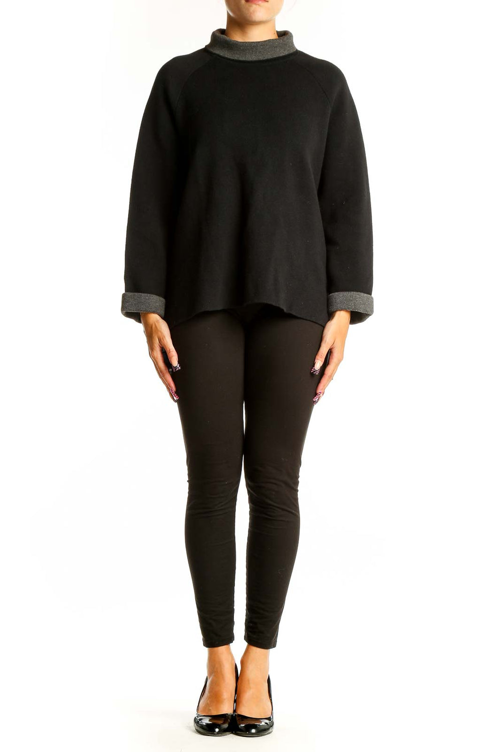 Front view of Reiss black cashmere blend turtleneck sweater with grey accents