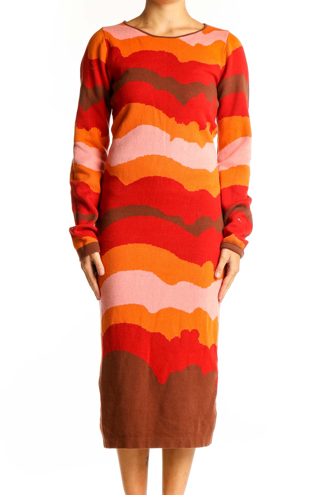Front view of Another Girl Orange Wavy Striped Knit Midi Dress with vibrant sunset pattern
