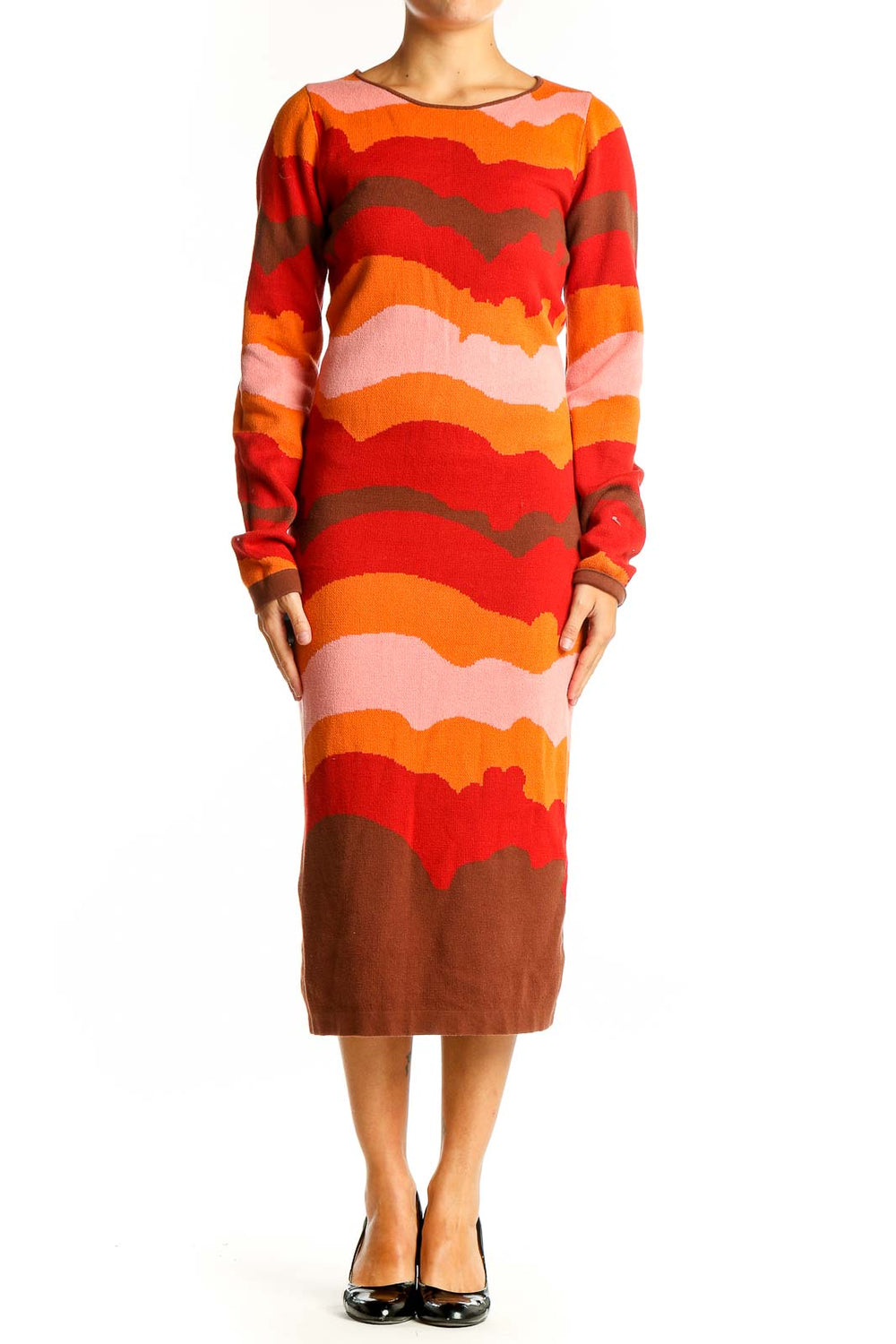 Front view of Another Girl Orange Wavy Striped Knit Midi Dress with vibrant sunset pattern