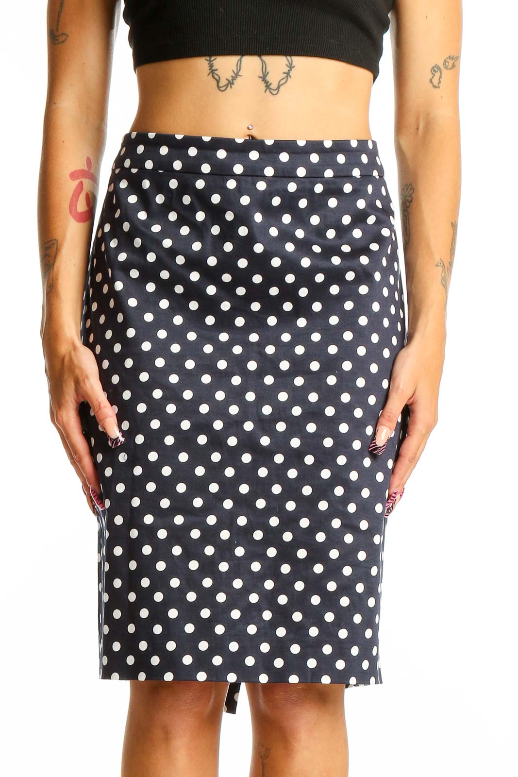 Front view of J.Crew navy polka dot pencil skirt