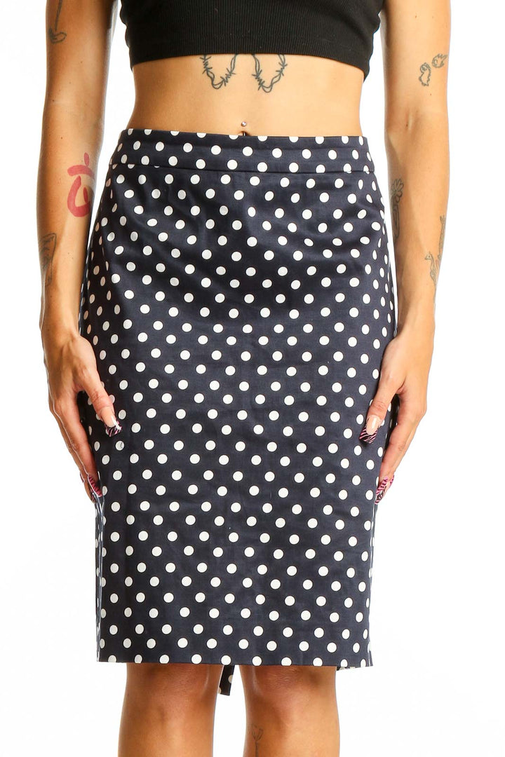 Front view of J.Crew navy polka dot pencil skirt