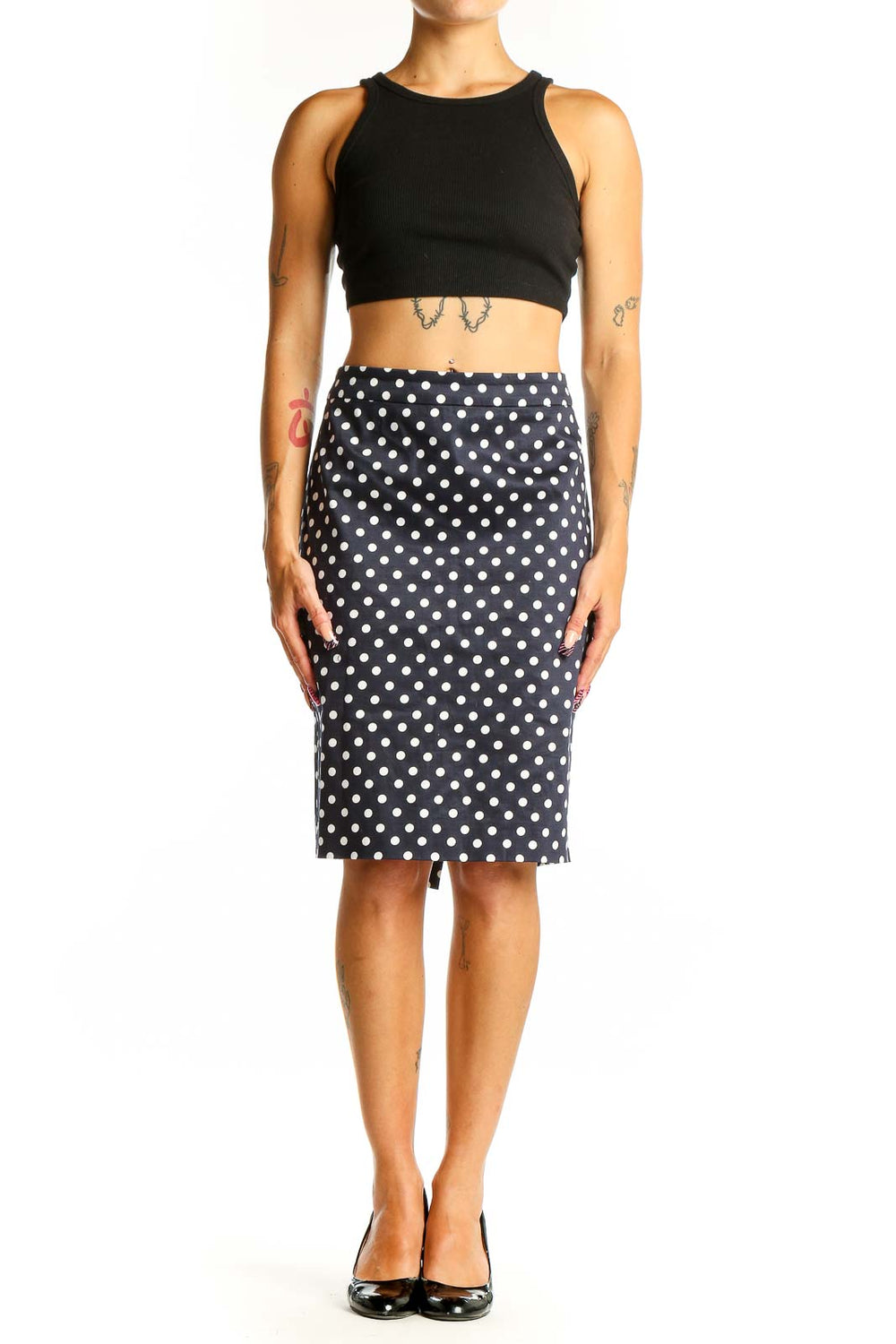 Front view of J.Crew navy polka dot pencil skirt