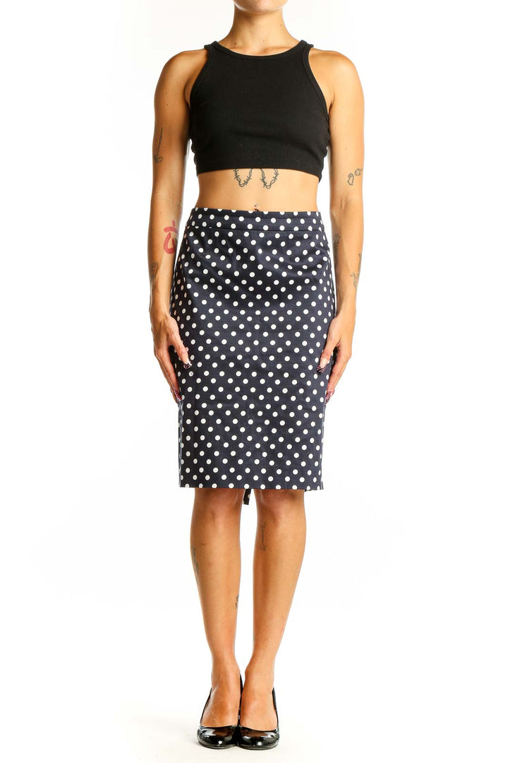 Front view of J.Crew navy polka dot pencil skirt