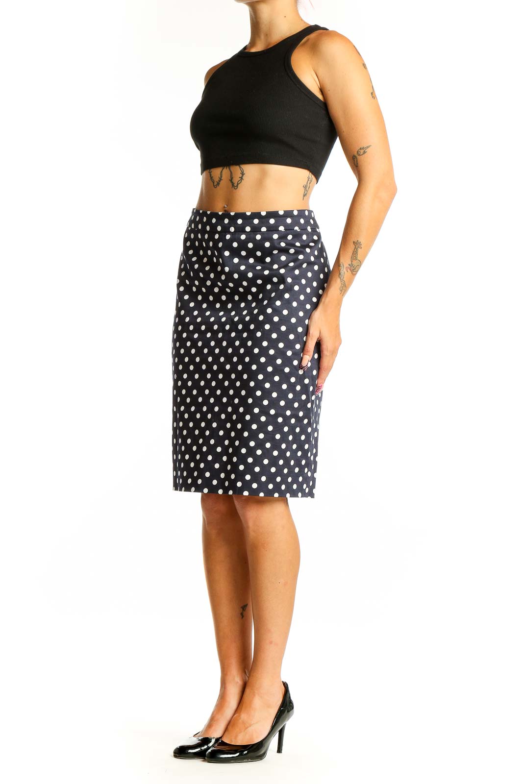 Front view of J.Crew navy polka dot pencil skirt