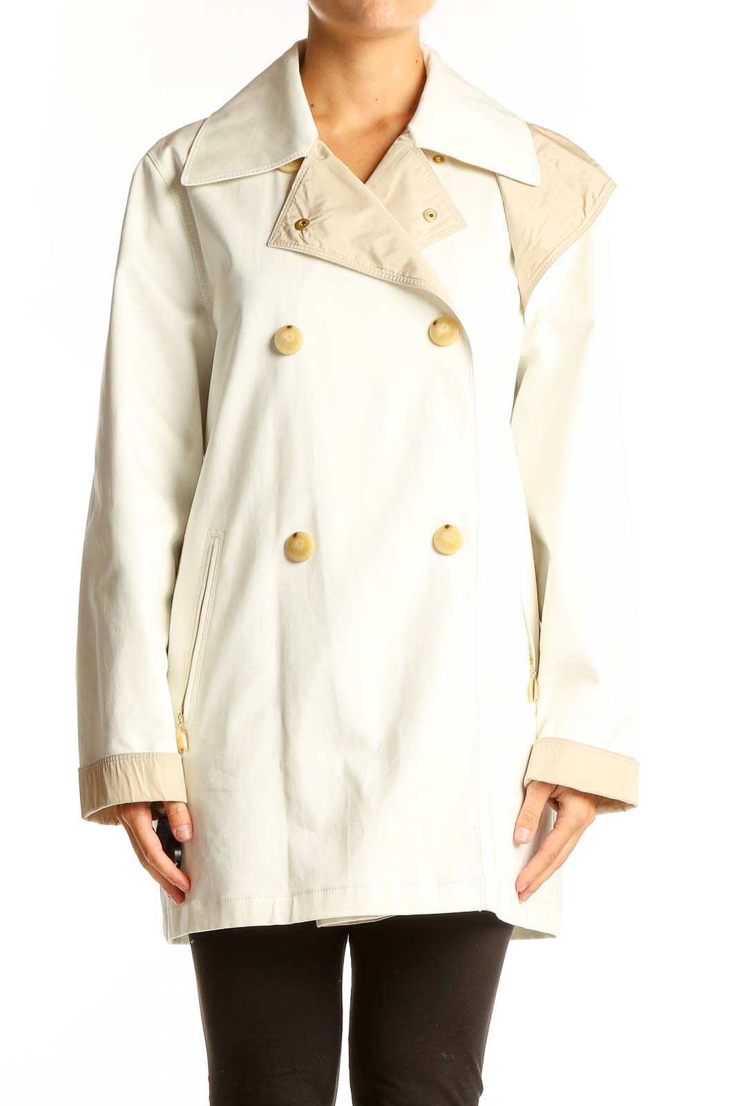 Front view of cream double-breasted coat by Weekend Max Mara