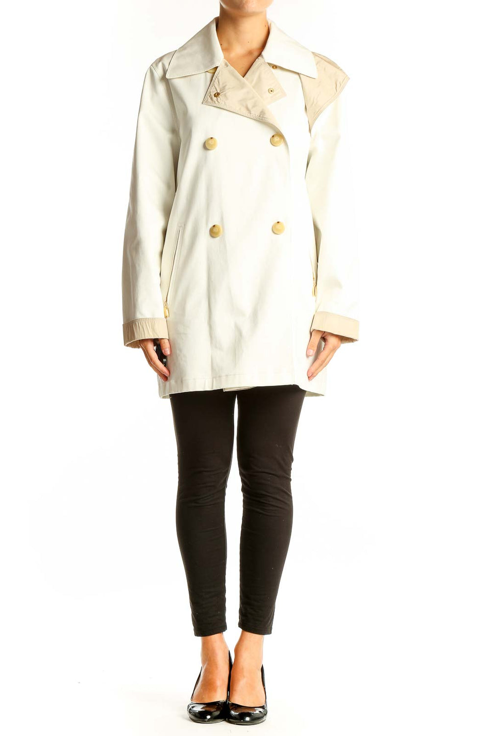 Front view of cream double-breasted coat by Weekend Max Mara