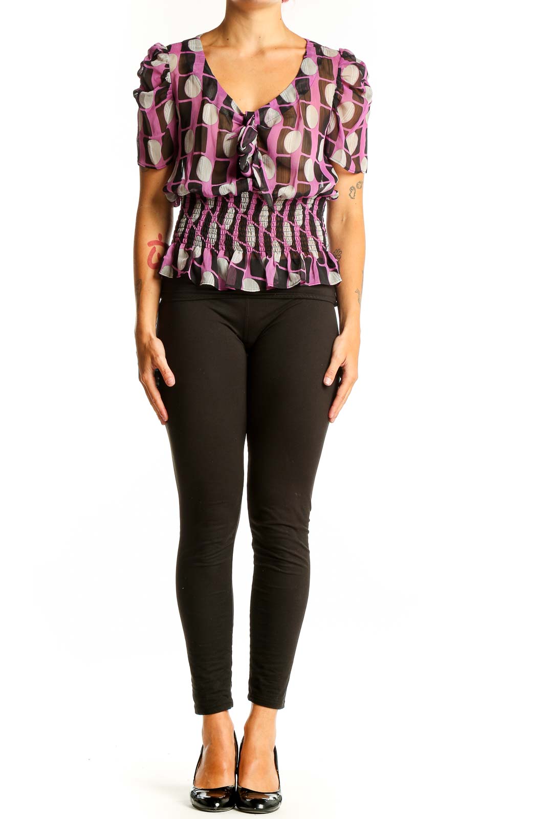 Front view of BCBG MaxAzria purple geometric print blouse with V-neck and tie detail