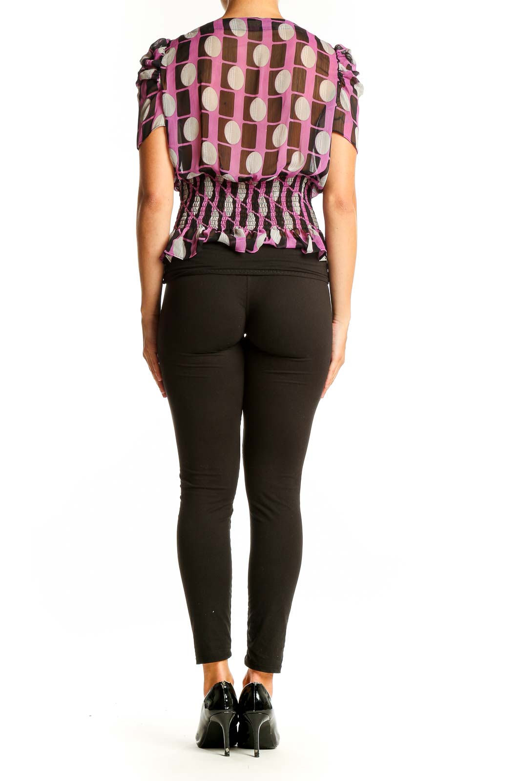 Back view of BCBG MaxAzria purple geometric print blouse showing smocked waist