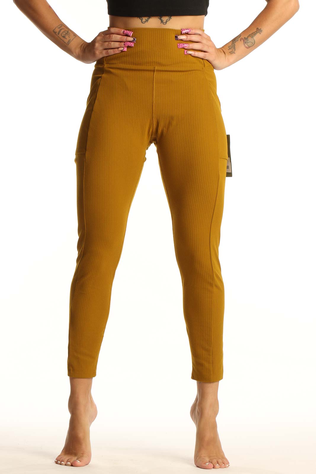 Front view of mustard ribbed high-waist activewear leggings