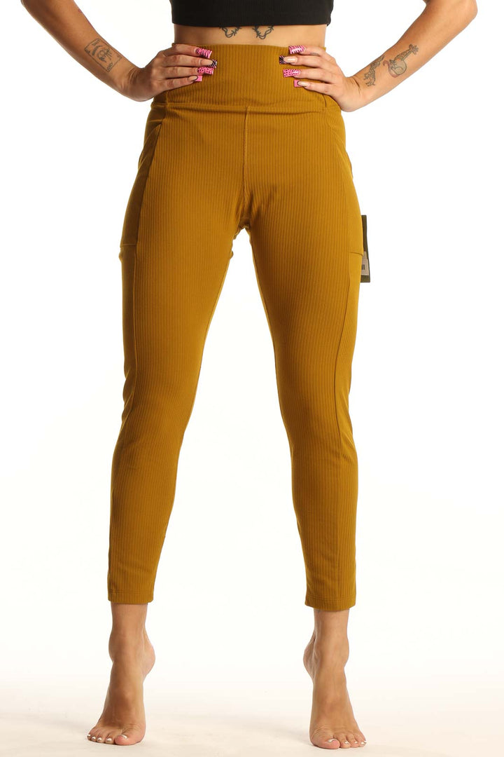 Front view of mustard ribbed high-waist activewear leggings